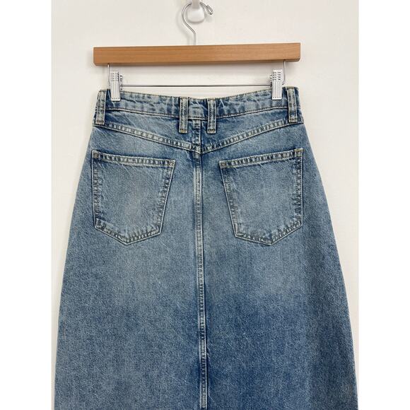 Free People We The Free Come As You Are Rigid Denim Distressed Maxi Skirt Size 0 - Picture 4 of 9